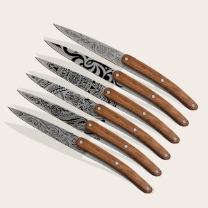 Deejo - 6 Paring Knives Zebra Wood / Tattoos of the World